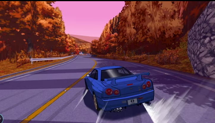 Cel-shaded blue Skyline drifting on a purple mountain road lined with autumn trees