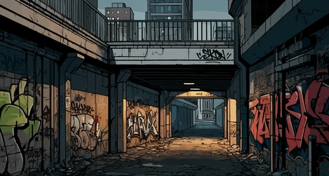 Comic-style underpass covered in graffiti with thick black linework